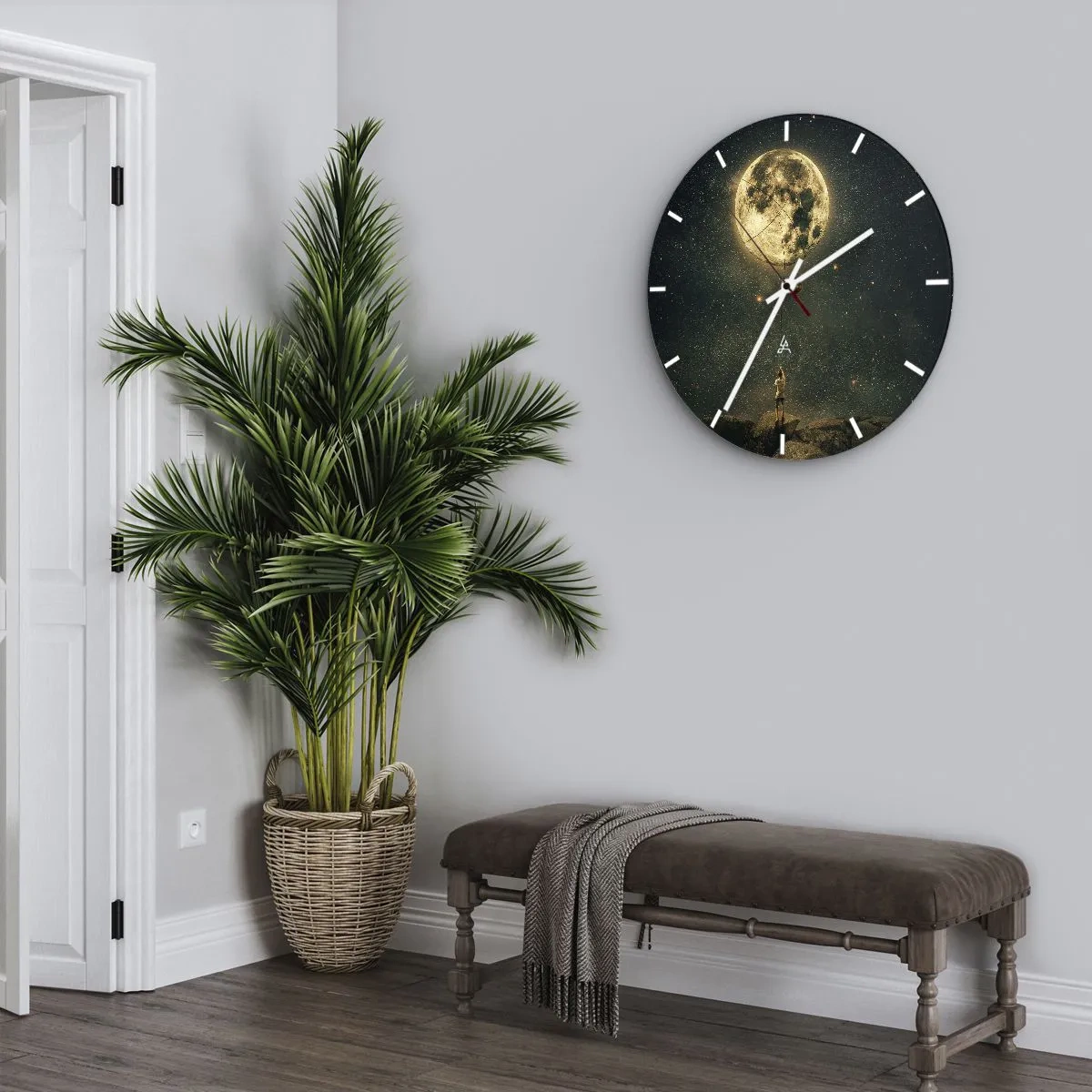 Nástěnné hodiny - Osoba na skále chytající měsíc proti hvězdné obloze - 30x30cm - Kluk, který ukradl měsíc - Moderní nástěnná dekorace do obývacího pokoje, kuchyně a ložnice ARTTOR