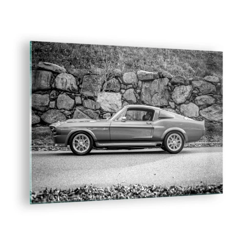 Obraz na skle - Klasické auto u kamenné zdi - 70x50cm - Legenda 60. let - Moderní nástěnná dekorace do obývacího pokoje a ložnice ARTTOR