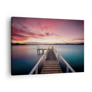 Obraz na plátně - Molo vedoucí k klidnému jezeru při západu slunce - 70x50cm - Jemný plamen večera - Moderní nástěnná dekorace do obývacího pokoje a ložnice ARTTOR