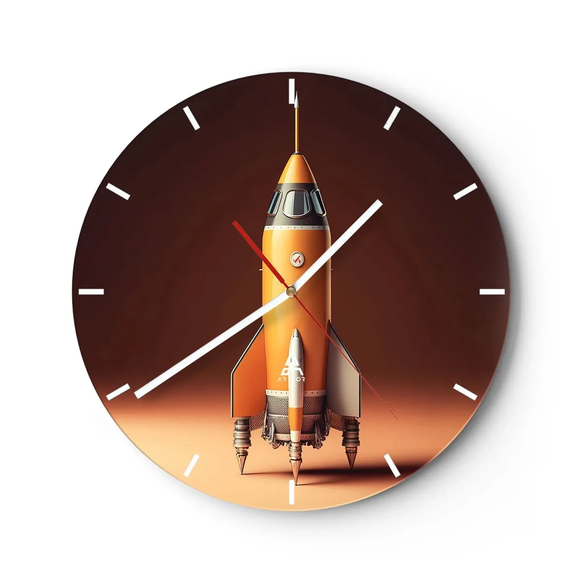 Nástěnné hodiny - Oranžová raketa připravená ke startu na tmavém pozadí. - 30x30cm - Začíná to snem - Moderní nástěnná dekorace do obývacího pokoje, kuchyně a ložnice ARTTOR