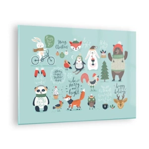 Obraz na skle - Vánoční ilustrace zvířat na pastelovém pozadí - 70x50cm - Ať jsou vždy Vánoce! - Moderní nástěnná dekorace do obývacího pokoje a ložnice ARTTOR