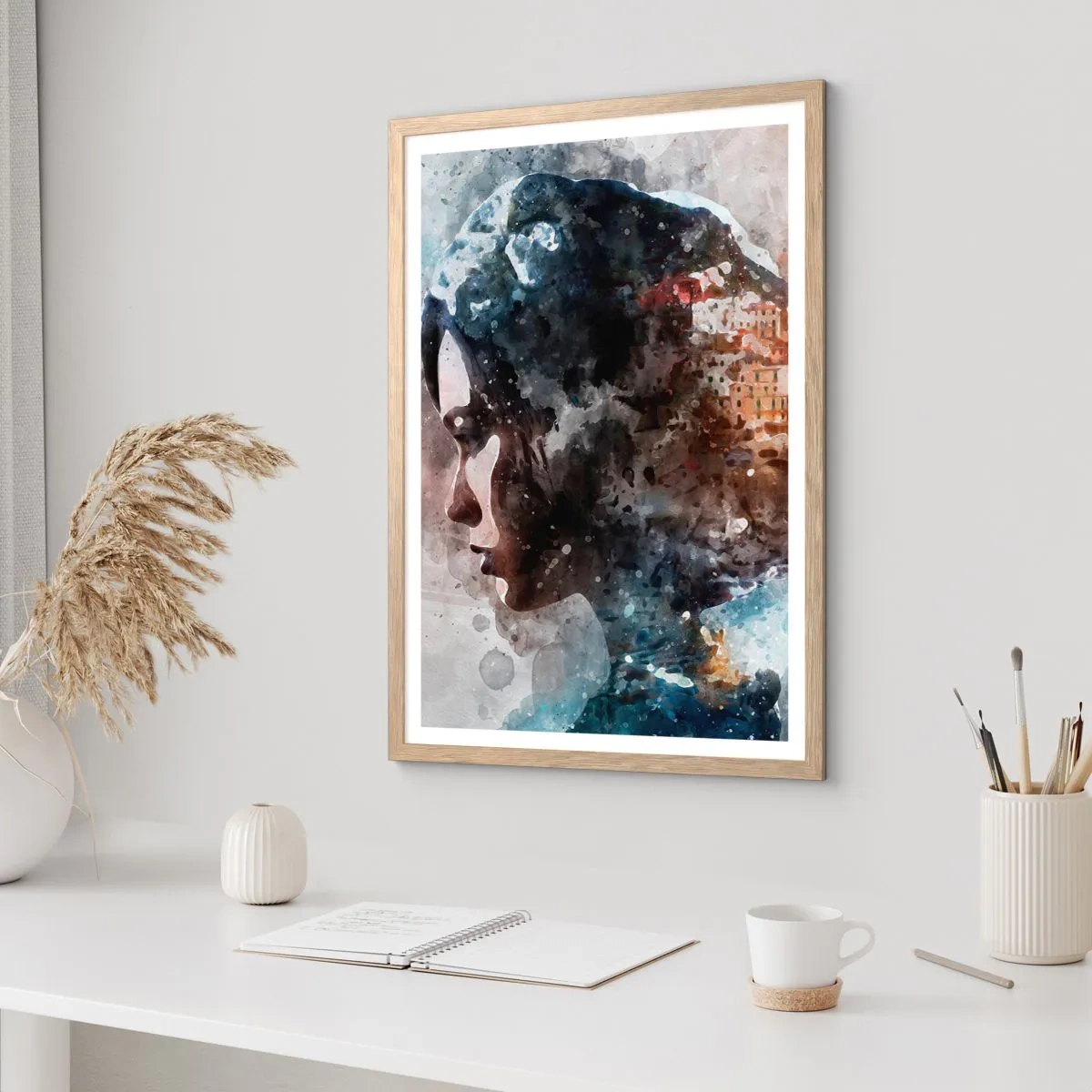 Plakát v rámu světlý dub - Příběh o dívce s městem v pozadí - 70x100 cm