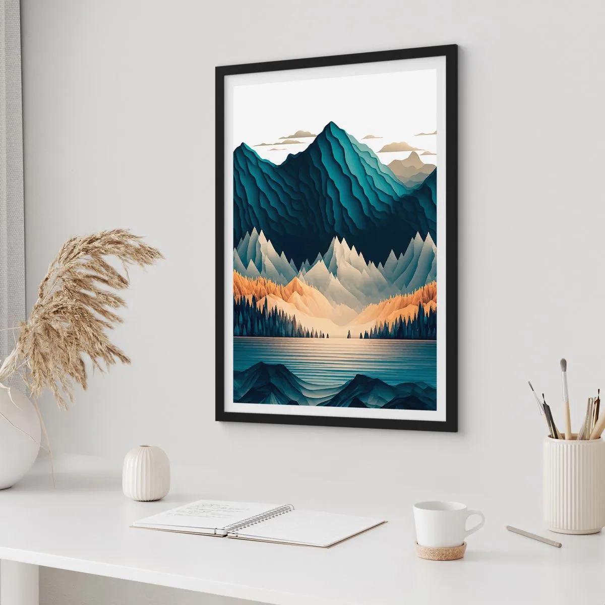 Plakát v černém rámu - Stylizovaná horská krajina s jezerem v odstínech modré - 50x70cm - Dokonalá horská krajina - Moderní nástěnná dekorace do obývacího pokoje a ložnice ARTTOR