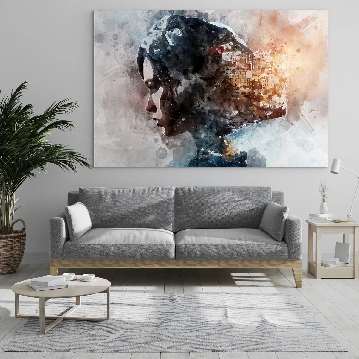 Obraz na skle - Profil ženy ve stylu akvarelu s městem v pozadí. - 70x50cm - Příběh o dívce s městem v pozadí - Moderní nástěnná dekorace do obývacího pokoje a ložnice ARTTOR
