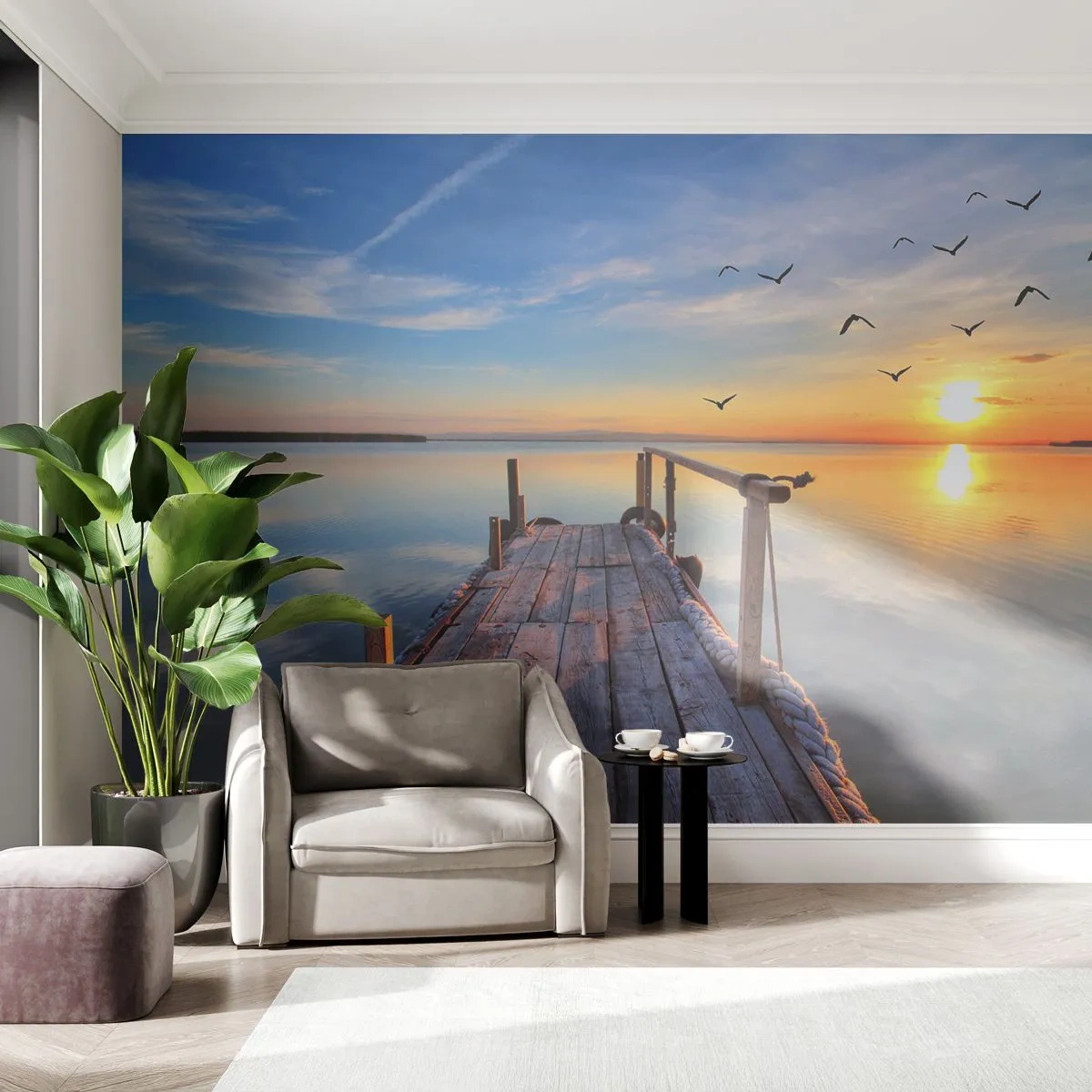 Fototapeta Samolepicí Deluxe Sticker - Jít před sebe směrem ke slunci - Krajina, jezero, Dřevěný most - 250x175 cm