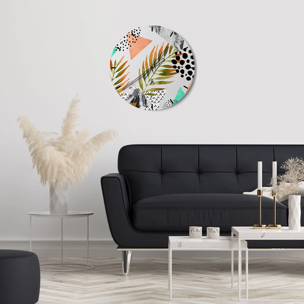 Nástěnné hodiny - Geometrie a listy ve stylu akvarelu - 30x30cm - Dekorace s palmovým listem - Moderní nástěnná dekorace do obývacího pokoje, kuchyně a ložnice ARTTOR