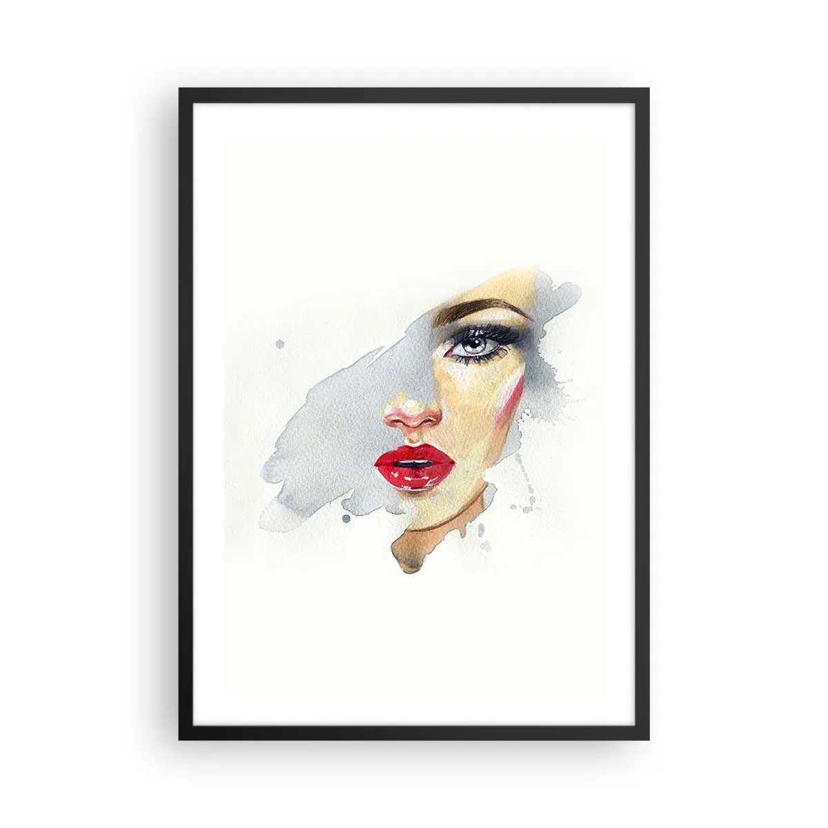 Plakát v černém rámu - Akvarelový portrét ženy s červenými rty - 50x70cm - Odraz v kapce vody - Moderní nástěnná dekorace do obývacího pokoje a ložnice ARTTOR