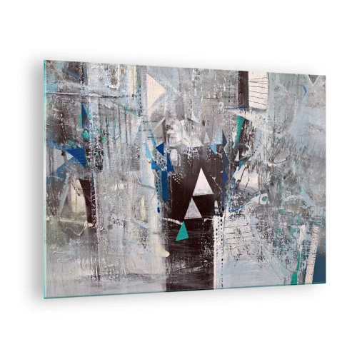Obraz na skle - Geometrické trojúhelníky na pozadí abstraktní kompozice v odstínech šedé. - 70x50cm - Přednostní pořadí trojúhelníků - Moderní nástěnná dekorace do obývacího pokoje a ložnice ARTTOR