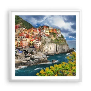 Plakát v bílém rámu - Hromádka přitulená ke skalám - 60x60 cm