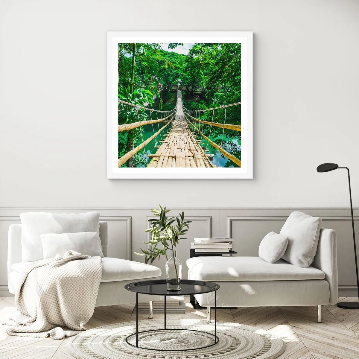 Plakát v bílém rámu - Opičí most nad zelení - 50x50 cm