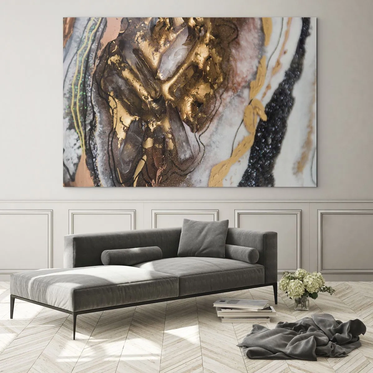 Obraz na skle - Abstraktní obraz v odstínech zlaté, hnědé a bílé s minerální texturou. - 70x50cm - Prvek země - Moderní nástěnná dekorace do obývacího pokoje a ložnice ARTTOR