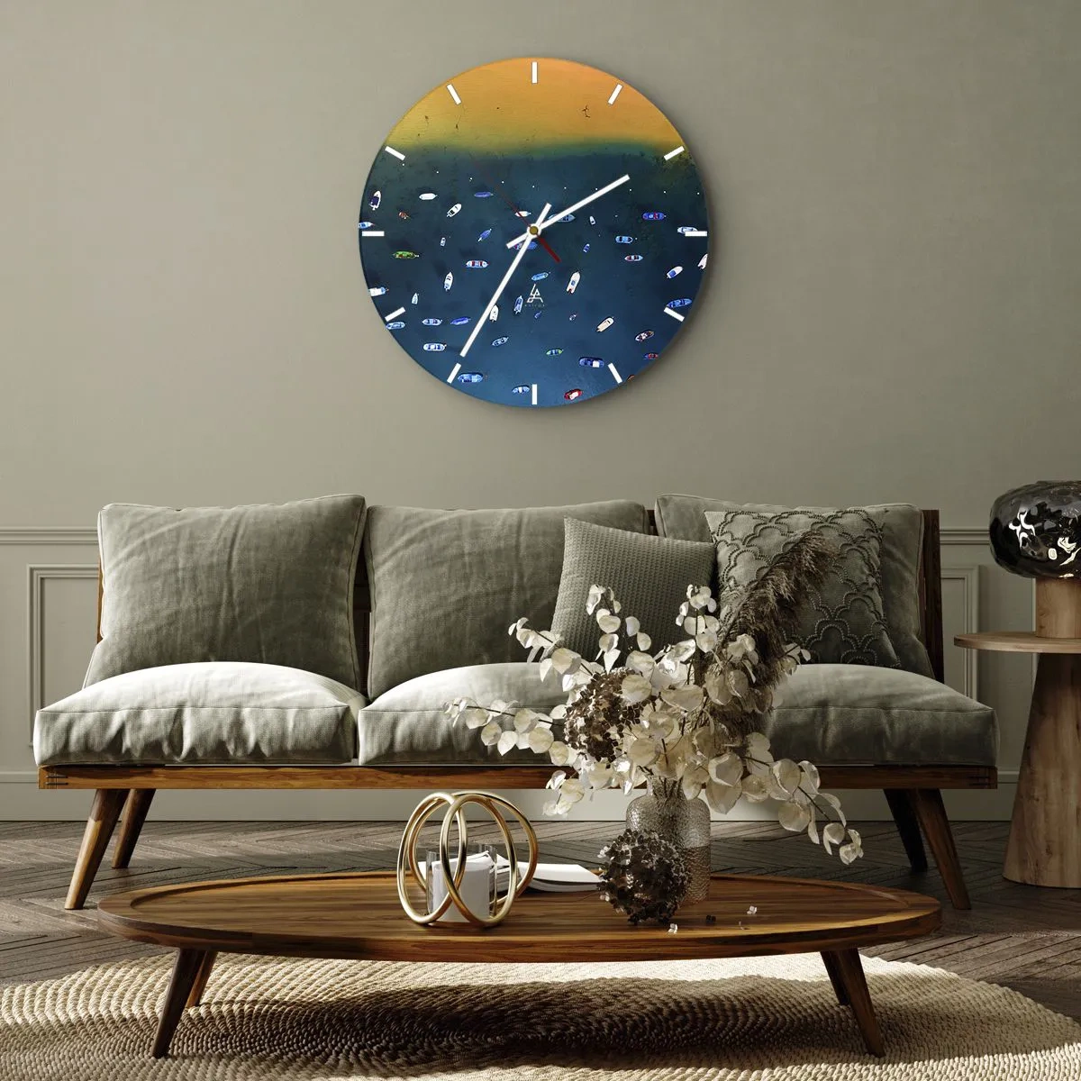 Nástěnné hodiny - Letecký pohled na lodě na tmavě modré vodě - 30x30cm - Prázdninová hra - Moderní nástěnná dekorace do obývacího pokoje, kuchyně a ložnice ARTTOR