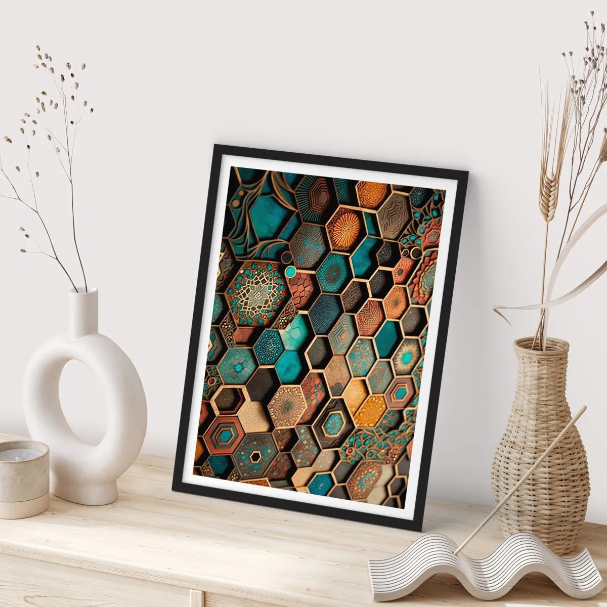 Plakát v černém rámu - Geometrická kompozice šestiúhelníků ve zlaté a tyrkysové paletě. - 50x70cm - Arabské ornamenty – variace - Moderní nástěnná dekorace do obývacího pokoje a ložnice ARTTOR