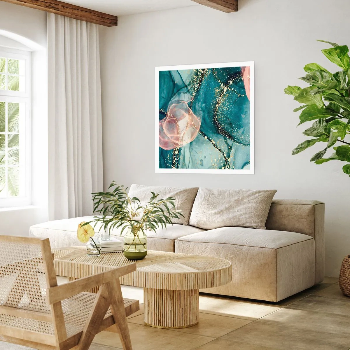 Plakát - Modré hedvábí modré, růžový tyl - 50x50 cm