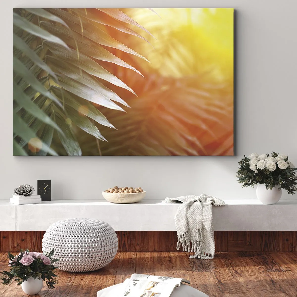 Obraz na plátně - Palmové listy v paprscích západu slunce - 70x50cm - Ráno v džungli - Moderní nástěnná dekorace do obývacího pokoje a ložnice ARTTOR