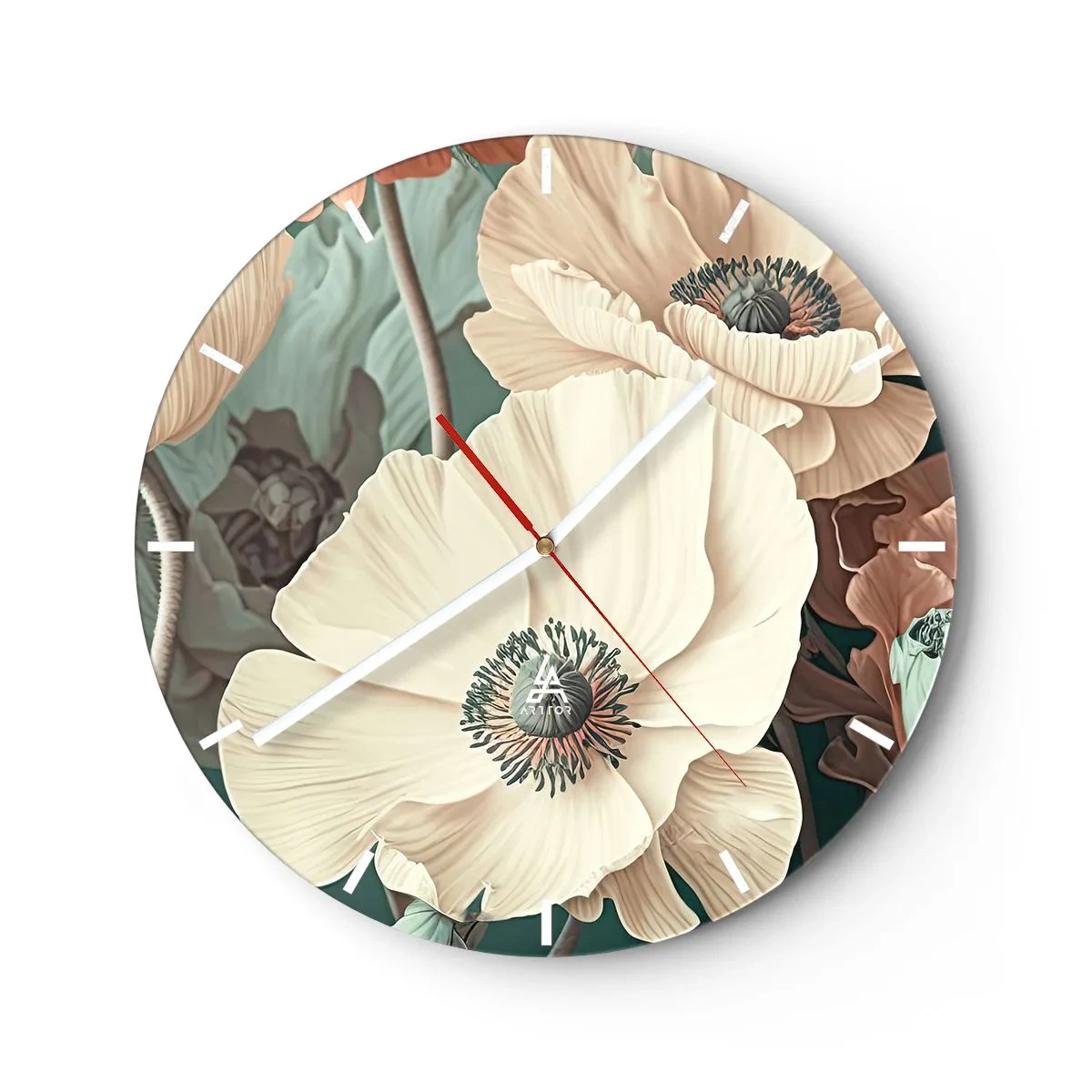 Nástěnné hodiny - Krémové květy máku na pozadí listí v tlumené pastelové paletě - 30x30cm - Šepot máků - Moderní nástěnná dekorace do obývacího pokoje, kuchyně a ložnice ARTTOR