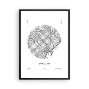 Plakát v černém rámu - Minimalistická mapa Barcelony v černé a bílé barvě. - 50x70cm - Anatomie Barcelony - Moderní nástěnná dekorace do obývacího pokoje a ložnice ARTTOR