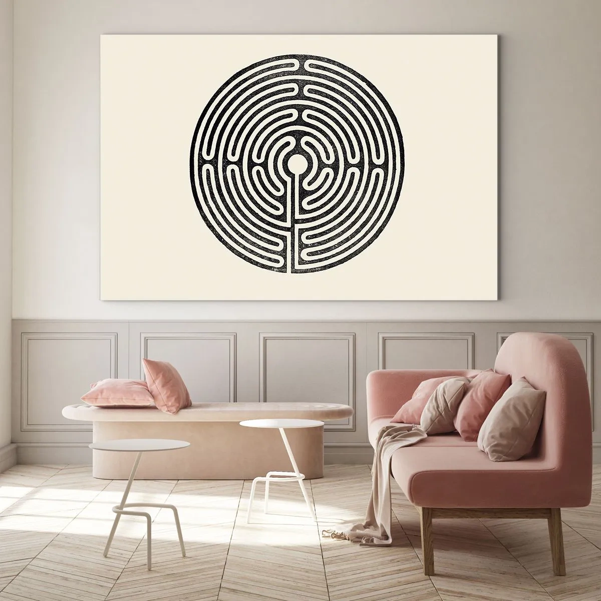 Obraz na skle - Černobílé bludiště kruhového tvaru na světlém pozadí. - 70x50cm - Tajemný řád - Moderní nástěnná dekorace do obývacího pokoje a ložnice ARTTOR