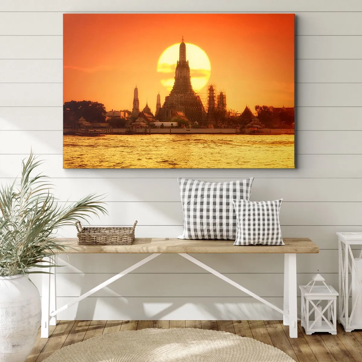 Obraz na plátně - Západ slunce nad chrámem s odrazem ve vodě - 70x50cm - Ke slunci, vždy ke slunci - Moderní nástěnná dekorace do obývacího pokoje a ložnice ARTTOR