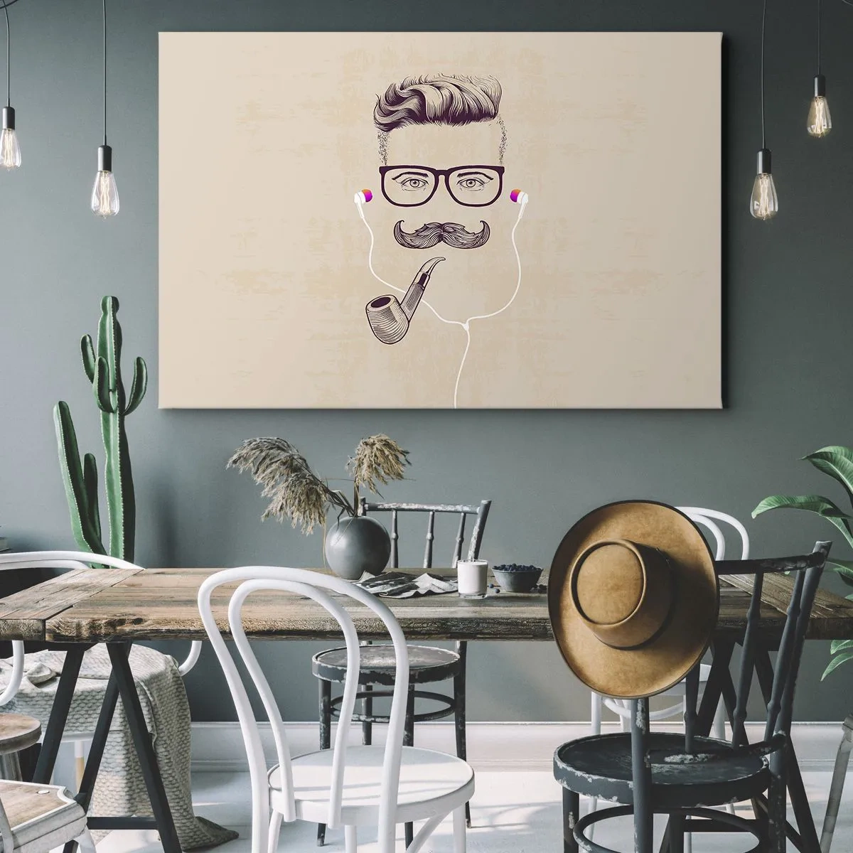Obraz na plátně - Retro portrét muže s dýmkou, sluchátky a brýlemi - 70x50cm - Skutečný muž? - Moderní nástěnná dekorace do obývacího pokoje a ložnice ARTTOR