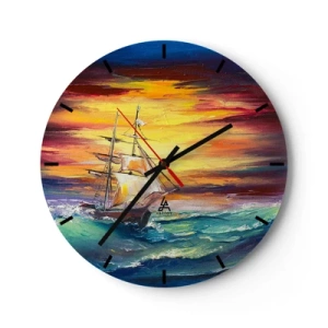 Nástěnné hodiny - Plachetnice v rozbouřeném moři při západu slunce - 30x30cm - Statečně proti vlnám - Moderní nástěnná dekorace do obývacího pokoje, kuchyně a ložnice ARTTOR