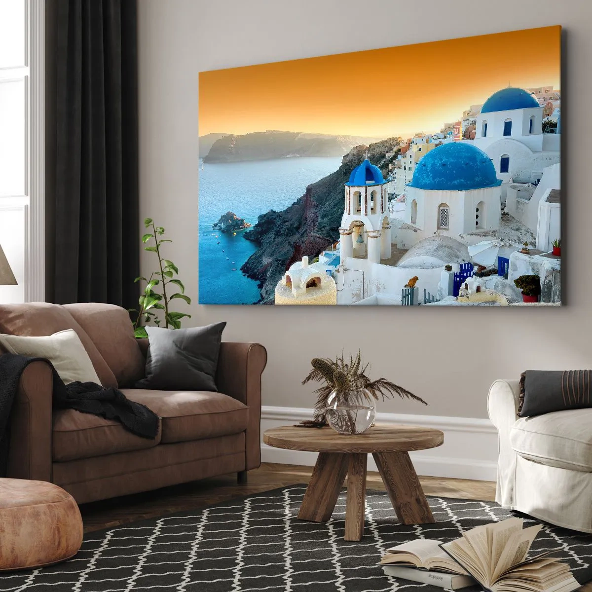 Obraz na plátně - Pohled na Santorini s bílými budovami a modrým mořem - 70x50cm - Santorini - přitulené ke skalám - Moderní nástěnná dekorace do obývacího pokoje a ložnice ARTTOR