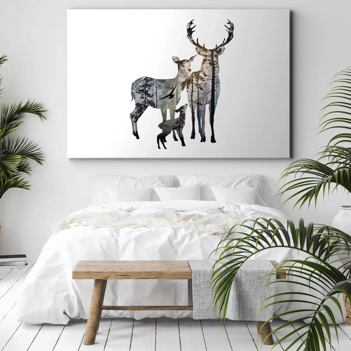 Obraz na plátně - Lesní krajina v siluetách jelenů - 70x50cm - Rodinná fotografie - Moderní nástěnná dekorace do obývacího pokoje a ložnice ARTTOR