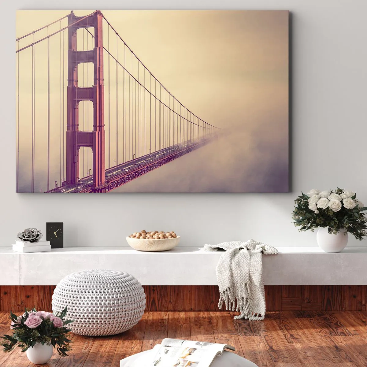 Obraz na plátně - Most v mlze v pastelových odstínech, symbol elegance a míru - 70x50cm - Mezi nebem a zemí - Moderní nástěnná dekorace do obývacího pokoje a ložnice ARTTOR