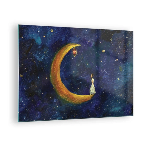 Obraz na skle - Postava na Měsíci na noční obloze - 70x50cm - Volání světa - Moderní nástěnná dekorace do obývacího pokoje a ložnice ARTTOR