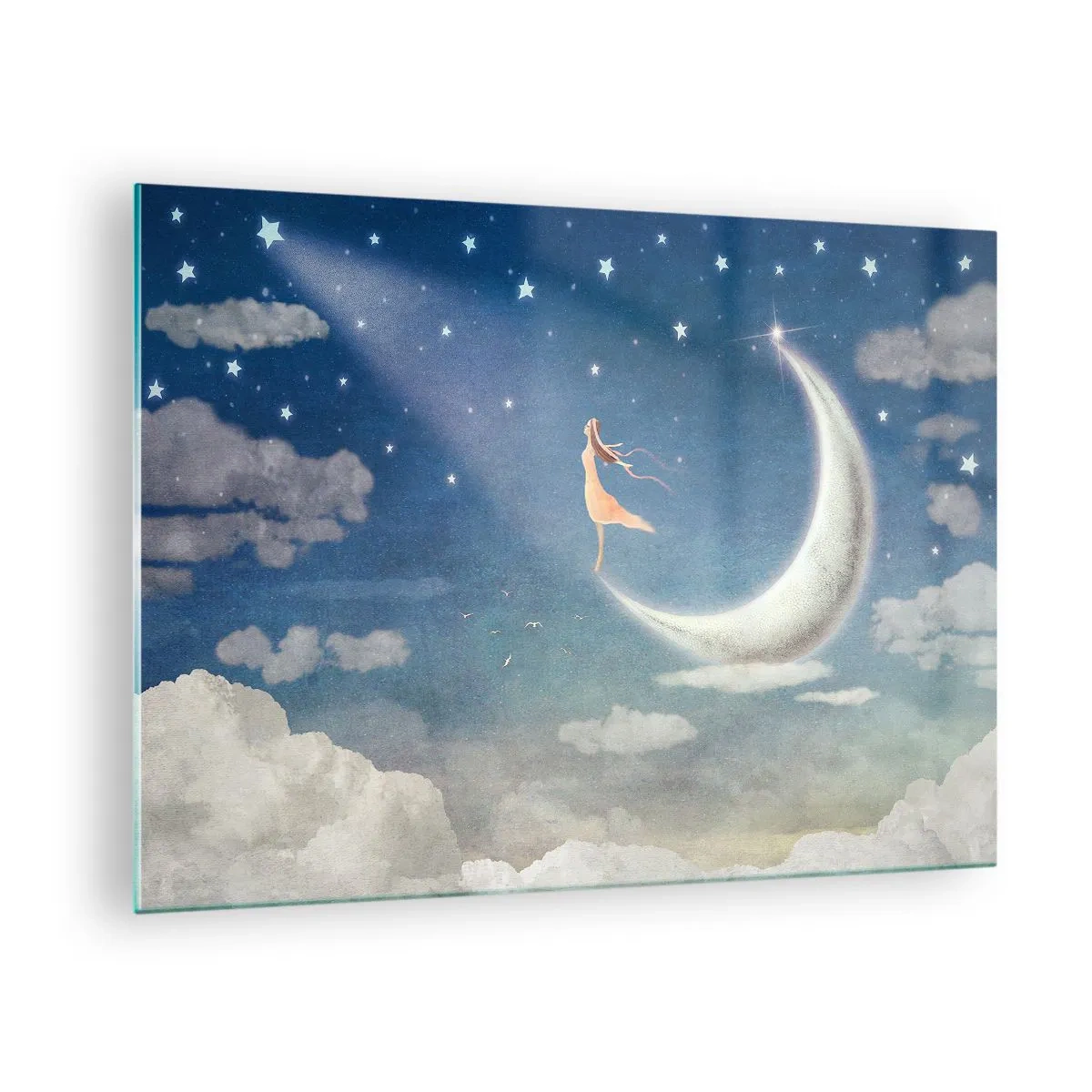 Obraz na skle - Žena v splývavých šatech stojící na měsíci na hvězdné obloze. - 70x50cm - Modrá koketa - Moderní nástěnná dekorace do obývacího pokoje a ložnice ARTTOR