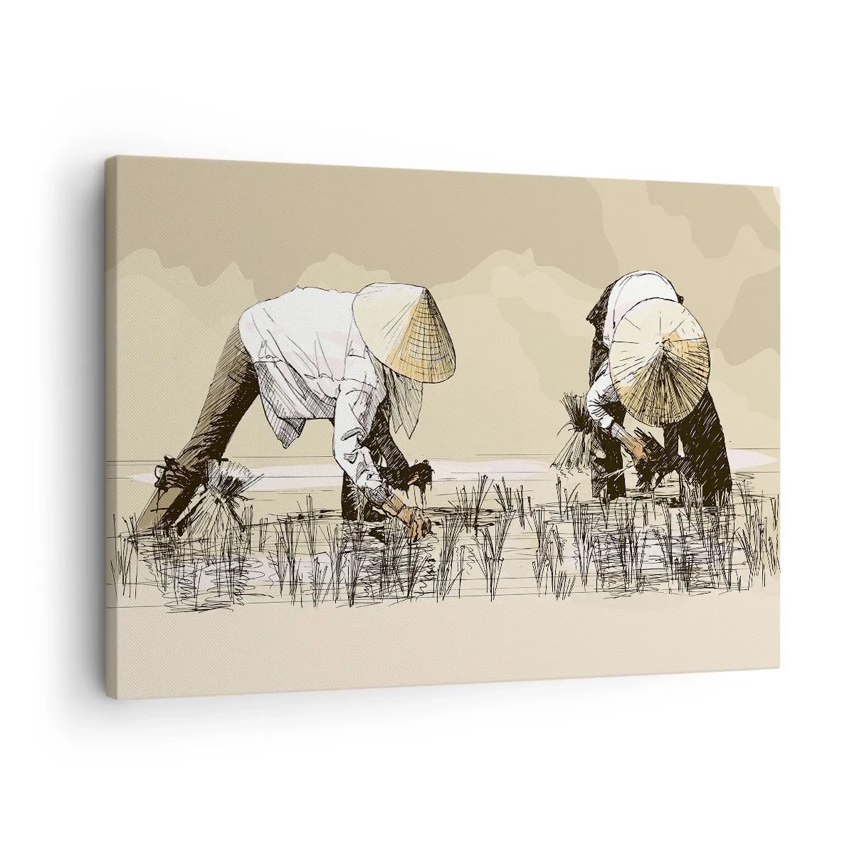 Obraz na plátně - Farmáři pracující na rýžovém poli s tradičními pokrývkami hlavy - 70x50cm - Úspěšná sklizeň - Moderní nástěnná dekorace do obývacího pokoje a ložnice ARTTOR