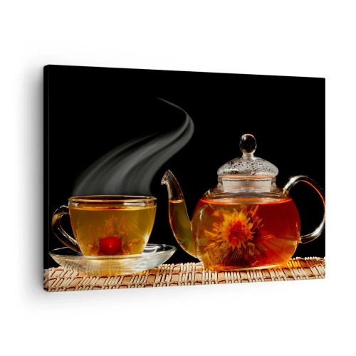 Obraz na plátně - Skleněná konvice s květinovým čajem a šálkem - 70x50cm - Magie a umění vaření čaje - Moderní nástěnná dekorace do obývacího pokoje a ložnice ARTTOR