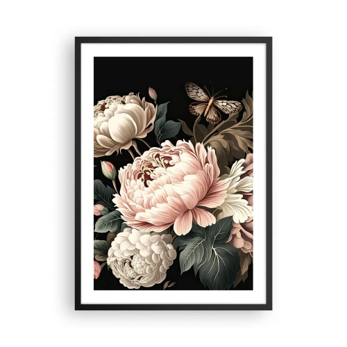 Plakát v černém rámu - Elegantní pivoňky a motýl na černém pozadí - 50x70cm - V barokním stylu - Moderní nástěnná dekorace do obývacího pokoje a ložnice ARTTOR