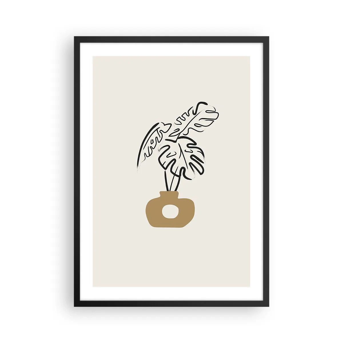 Plakát v černém rámu - Minimalistická kresba monstery ve váze - 50x70cm - Monstera – ozdoba pro domácnost - Moderní nástěnná dekorace do obývacího pokoje a ložnice ARTTOR