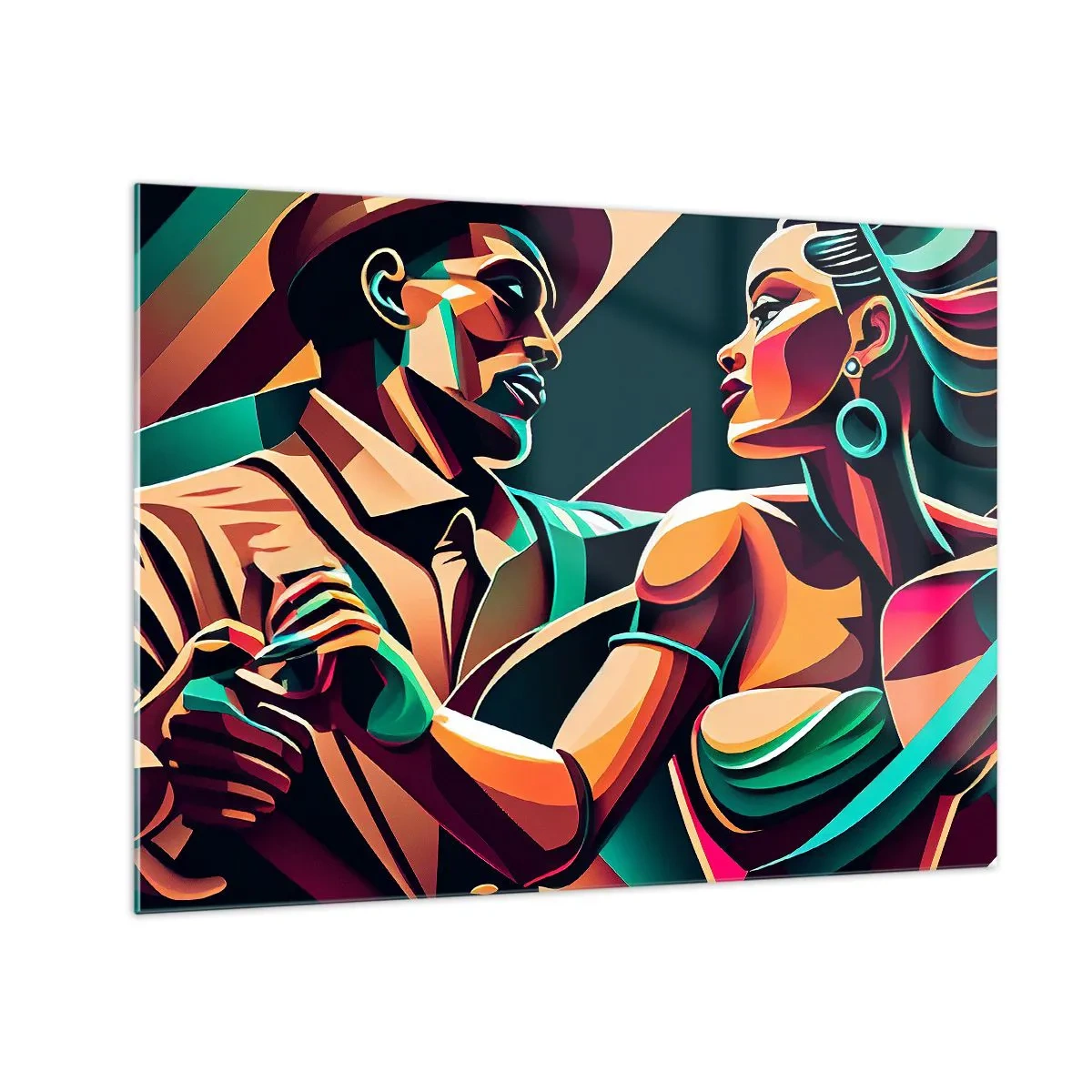 Obraz na skle - Barevný pár tančící ve stylu art deco s dynamickým výrazem. - 70x50cm - V rytmu srdce - Moderní nástěnná dekorace do obývacího pokoje a ložnice ARTTOR