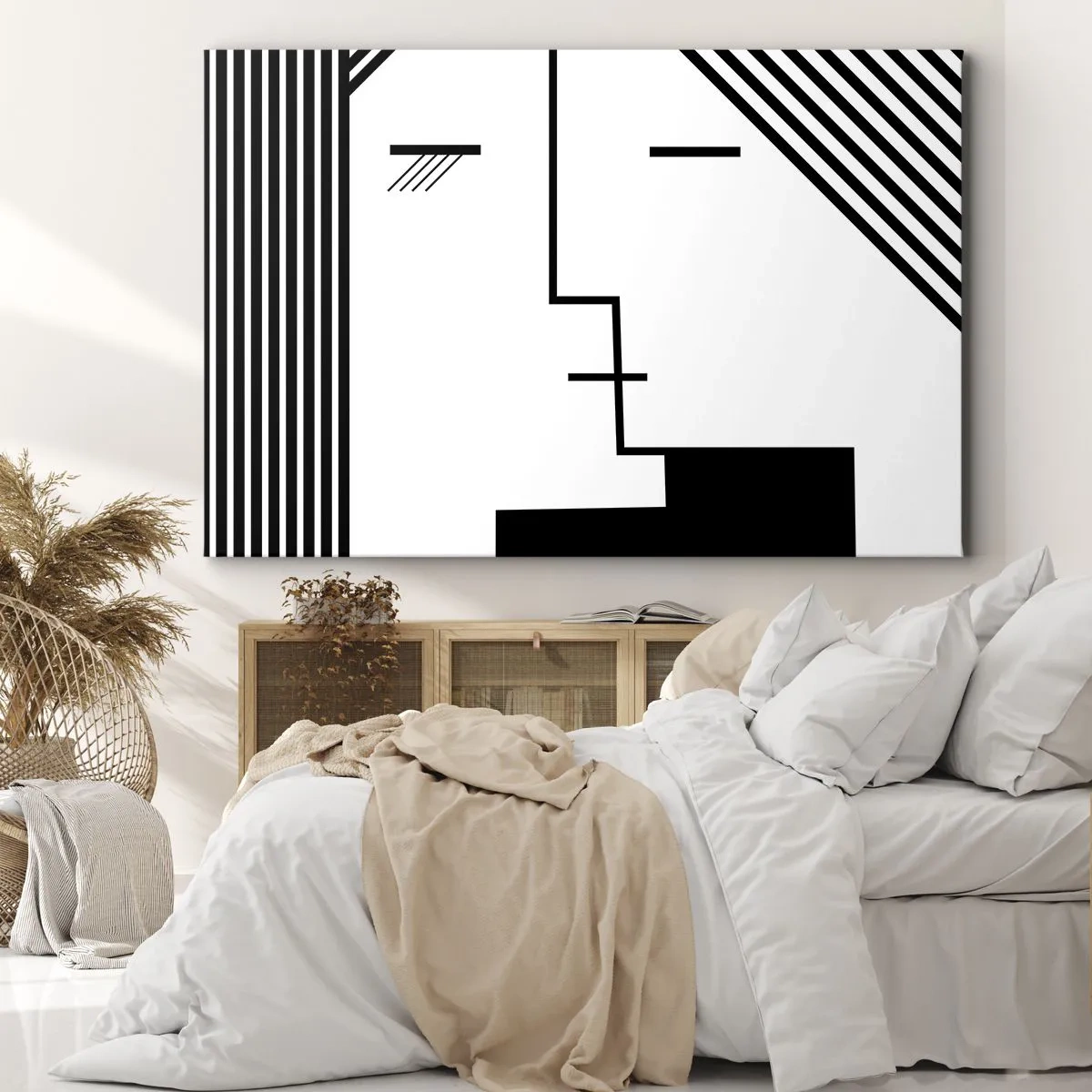 Obraz na plátně - Geometrická abstrakce polibku v černé a bílé - 70x50cm - Prostě polibek - Moderní nástěnná dekorace do obývacího pokoje a ložnice ARTTOR