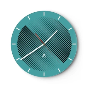 Nástěnné hodiny - Tyrkysové pozadí s černými diagonálními čarami v geometrickém uspořádání - 30x30cm - Kruh – geometrická variace - Moderní nástěnná dekorace do obývacího pokoje, kuchyně a ložnice ARTTOR