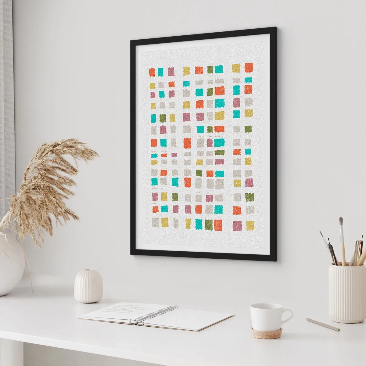 Plakát v černém rámu - Barevné geometrické čtverce na světlém pozadí - 50x70cm - Neznámá hra - Moderní nástěnná dekorace do obývacího pokoje a ložnice ARTTOR