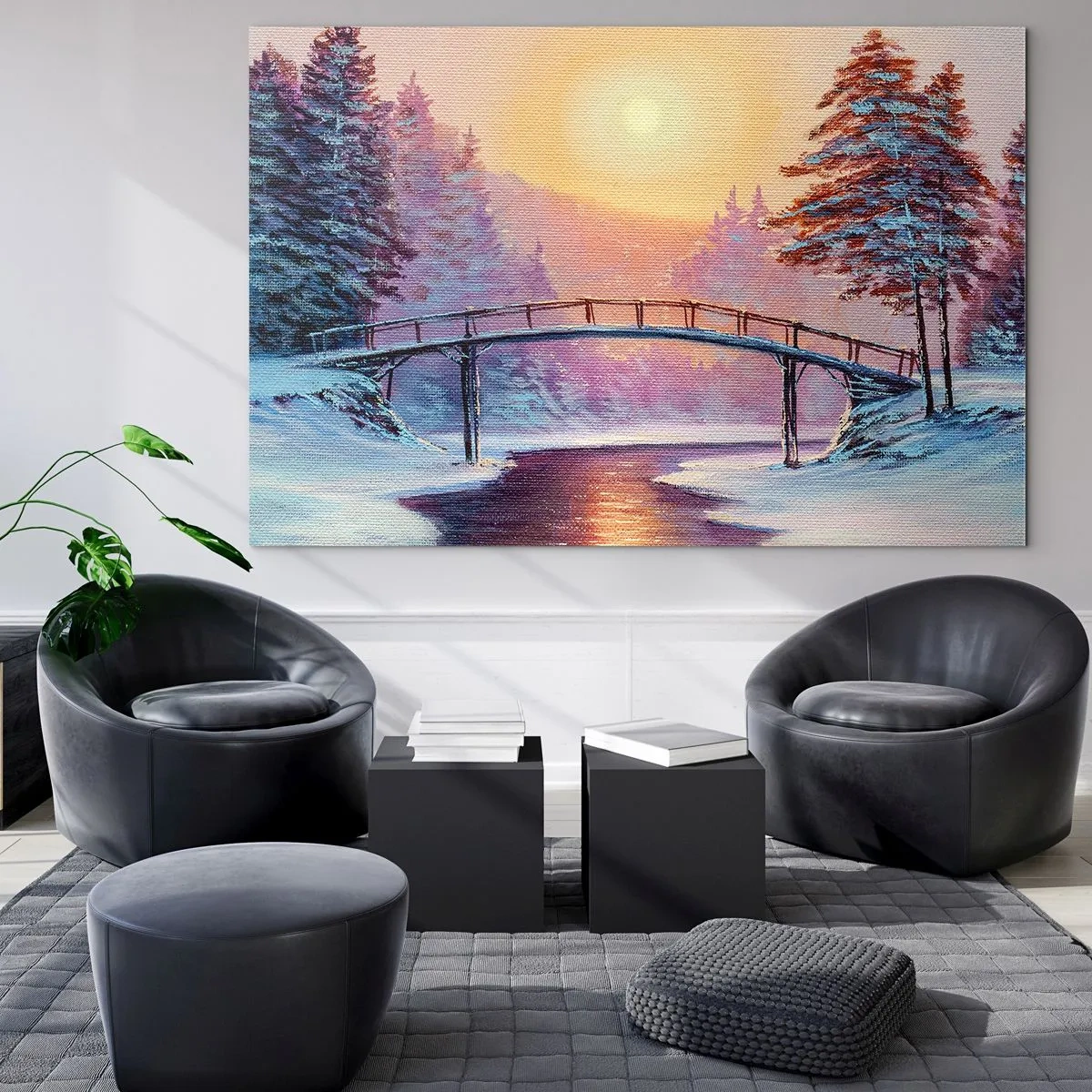 Obraz na skle - Zimní krajina s mostem přes řeku při západu slunce - 70x50cm - Čtyři roční období - zima - Moderní nástěnná dekorace do obývacího pokoje a ložnice ARTTOR