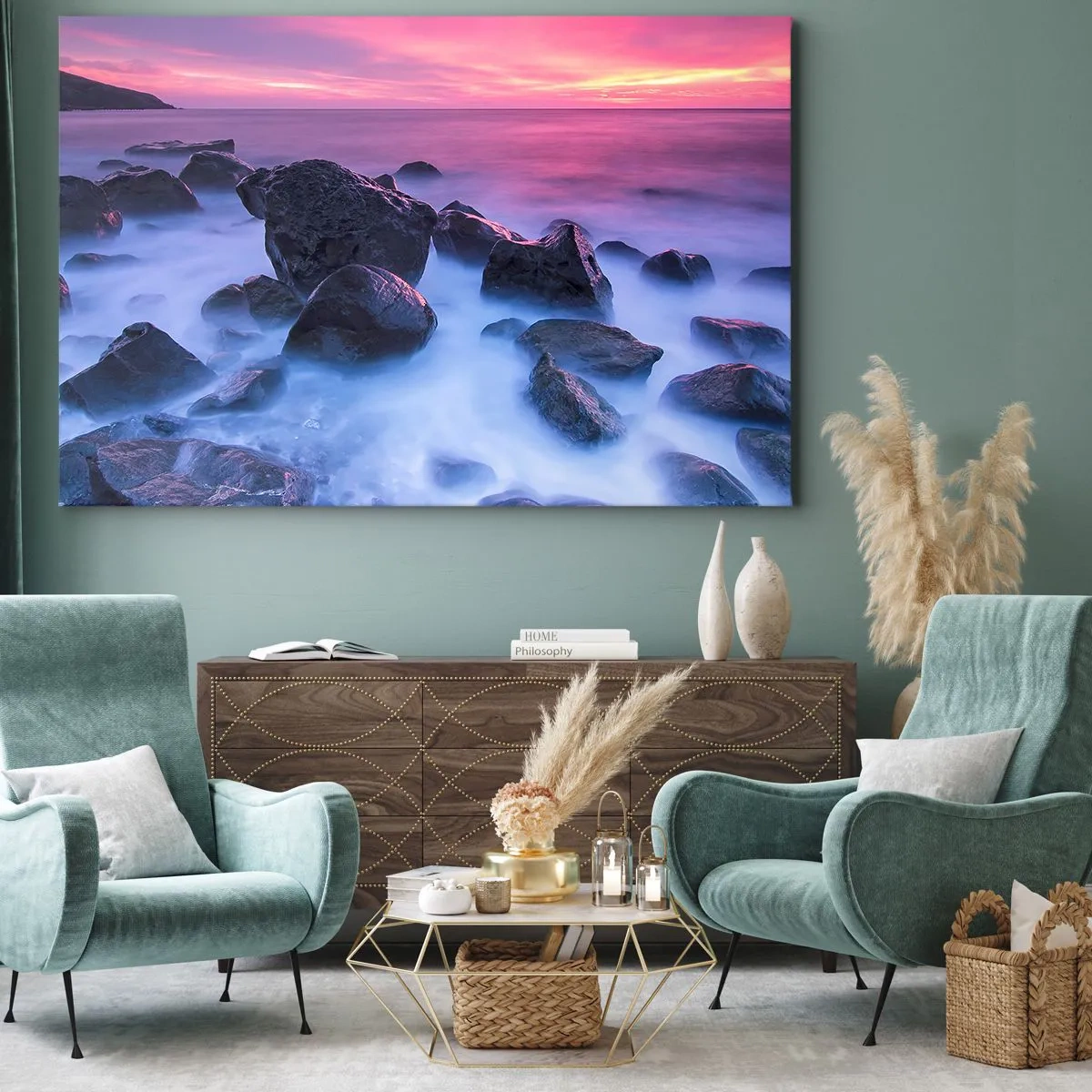 Obraz na plátně - Skalnaté pobřeží při západu slunce - 70x50cm - Narozeniny v lesku a v mlze - Moderní nástěnná dekorace do obývacího pokoje a ložnice ARTTOR