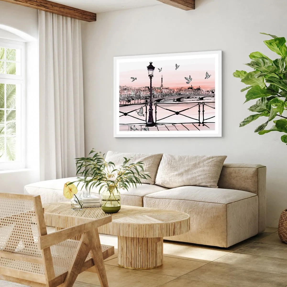 Plakát v bílém rámu - Nad střechami Paříže - 70x50 cm