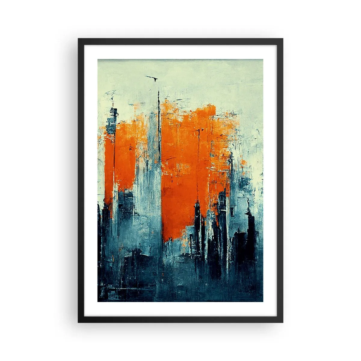 Plakát v černém rámu - Abstraktní panorama města v odstínech oranžové a tmavě modré - 50x70cm - Moderní krajina - Moderní nástěnná dekorace do obývacího pokoje a ložnice ARTTOR
