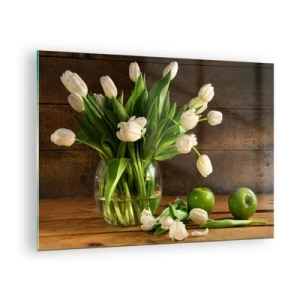 Obraz na skle - Váza s bílými tulipány a zelenými jablky na dřevěném stole - 70x50cm - Šťavnaté a čerstvé v zelené a bílé - Moderní nástěnná dekorace do obývacího pokoje a ložnice ARTTOR