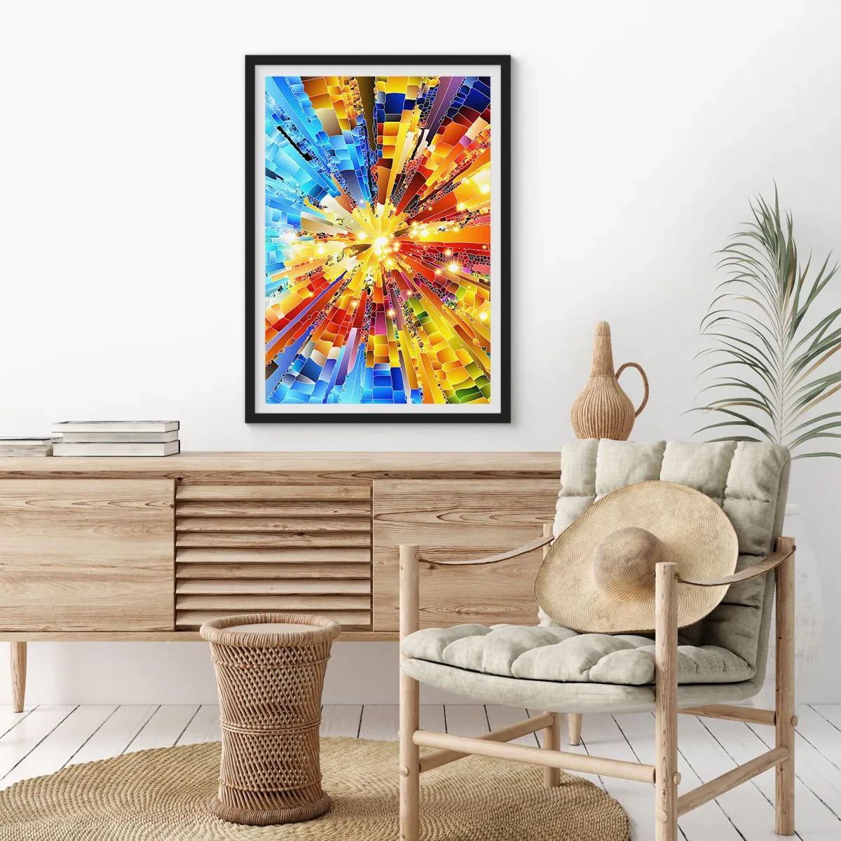 Plakát v černém rámu - Barevná exploze světla v abstraktní podobě - 50x70cm - In medias res - Moderní nástěnná dekorace do obývacího pokoje a ložnice ARTTOR