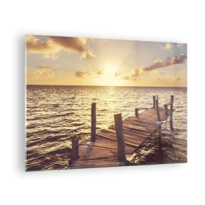 Obraz na skle - Dřevěné molo na pozadí zapadajícího slunce - 70x50cm - Zlatá země laskavosti - Moderní nástěnná dekorace do obývacího pokoje a ložnice ARTTOR