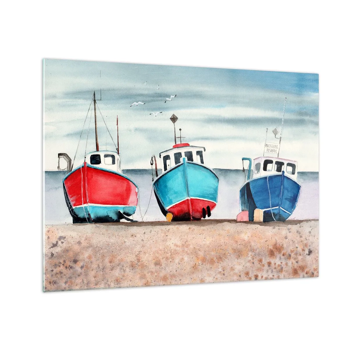Obraz na skle - Tři barevné rybářské lodě na pobřeží - 70x50cm - Připravené na úlovek - Moderní nástěnná dekorace do obývacího pokoje a ložnice ARTTOR