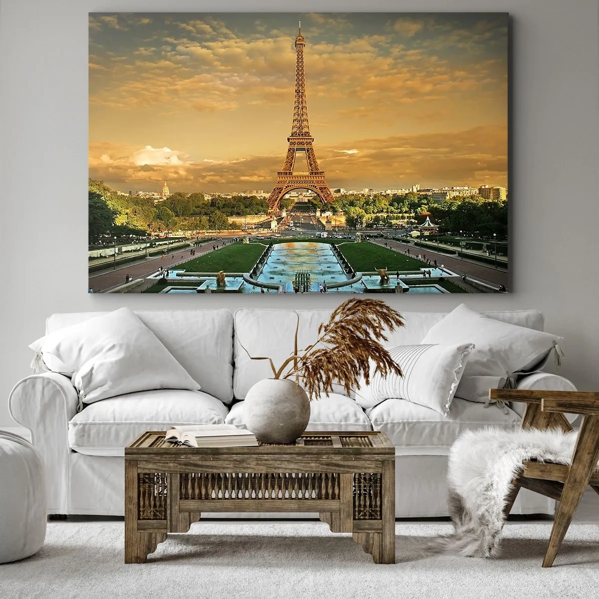 Obraz na plátně - Eiffelova věž v Paříži při západu slunce - 70x50cm - Královna Paříže - Moderní nástěnná dekorace do obývacího pokoje a ložnice ARTTOR