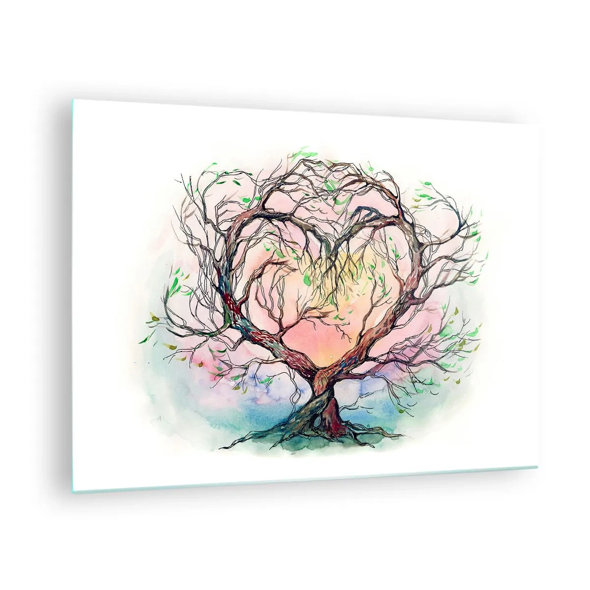 Obraz na skle - Strom ve tvaru srdce s barevným pastelovým pozadím - 70x50cm - Společně proti vichřicím - Moderní nástěnná dekorace do obývacího pokoje a ložnice ARTTOR