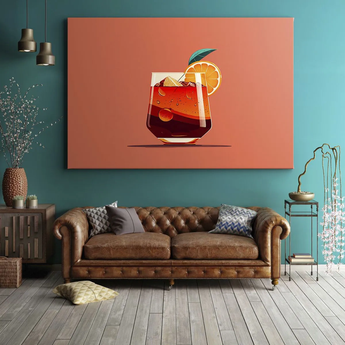 Obraz na plátně - Sklenice nápoje a plátek pomeranče na oranžovém pozadí - 70x50cm - Letní osvěžení - Moderní nástěnná dekorace do obývacího pokoje a ložnice ARTTOR