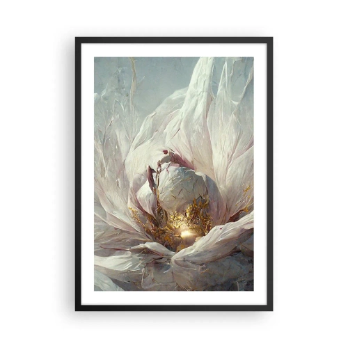 Plakát v černém rámu - Decentní abstrakce s květinovým motivem v jemných odstínech bílé a zlaté. - 50x70cm - Rozkvétá jednou za sto let - Moderní nástěnná dekorace do obývacího pokoje a ložnice ARTTOR